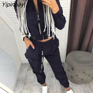 Yipinpay Women Soild Pockets Zipper Design Ruched Coat & Cargo Pants Sets Casual Women Sets